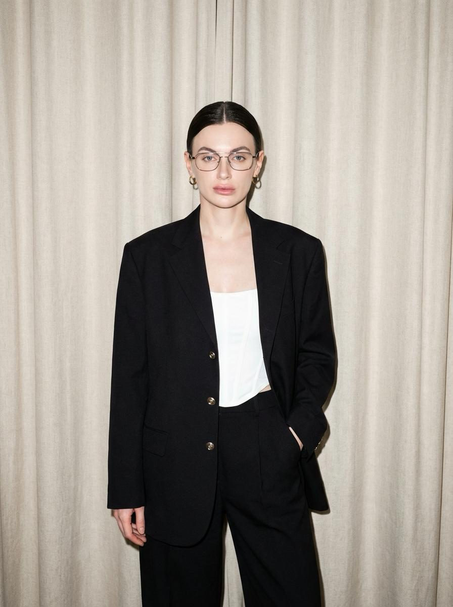 Realistic Woman Black Jacket Neutral Background
