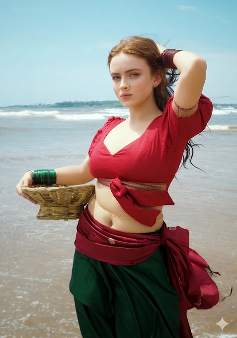 Tropical Beach Dhoti Outfit Wicker Basket Pose