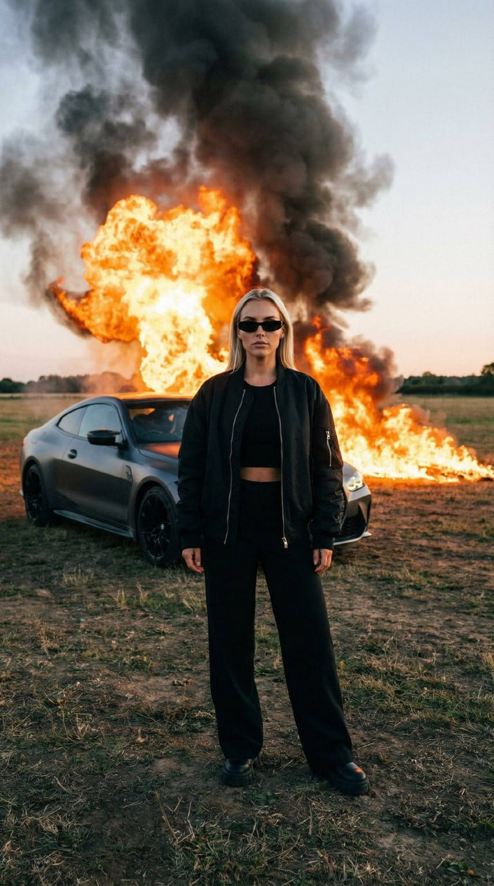 Realistic Dark Field Sunset Car Explosion
