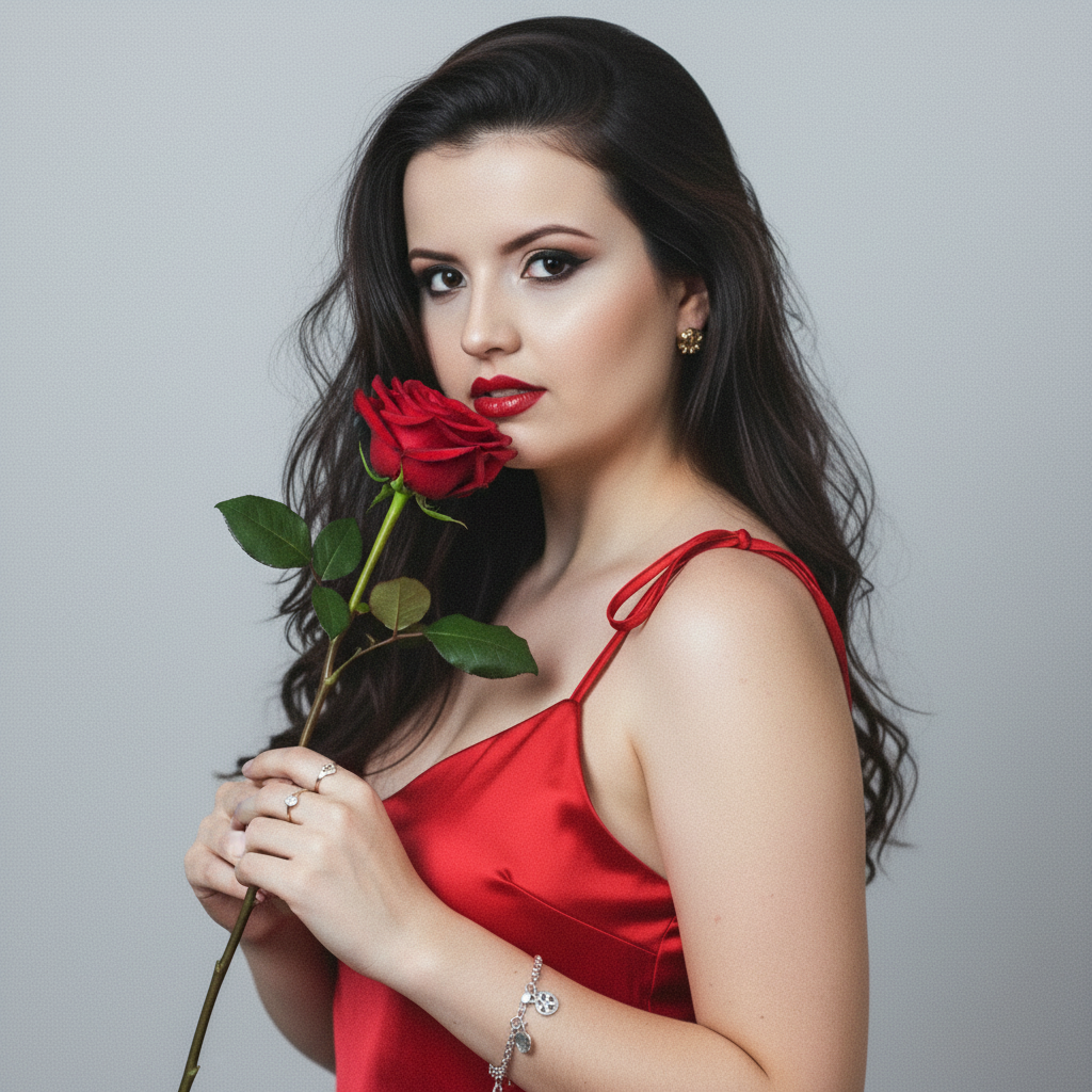 Portrait of a young woman in a vibrant red dress holding a red rose, with olive skin and dark brown hair, gazing mysteriously at the camera.