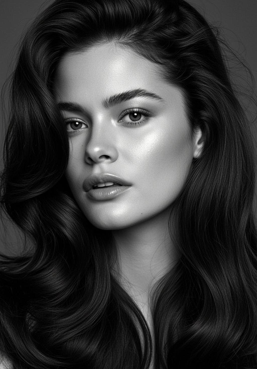 Photorealistic Black And White Head And Shoulders Portrait Young Woman reference photo