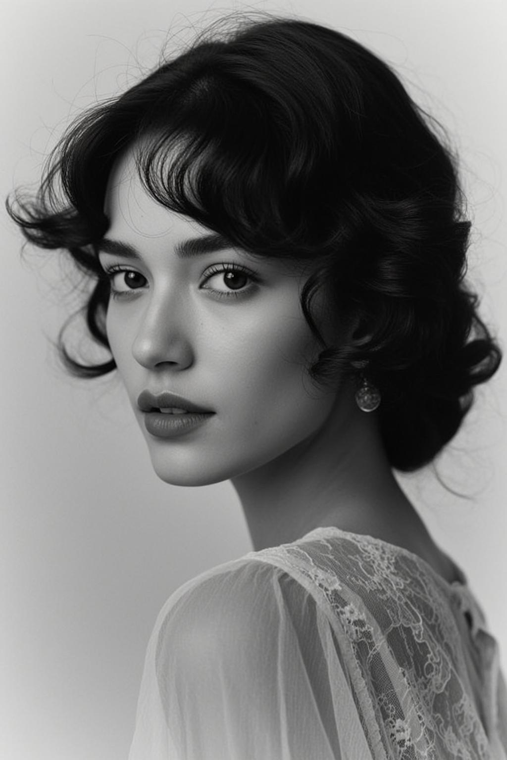 Photorealistic Black And White Medium Close-up Portrait Young Woman With reference photo