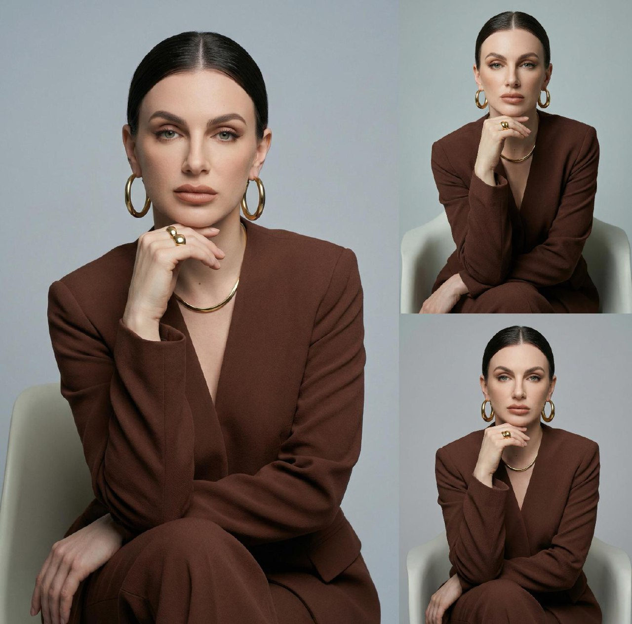 Realistic Studio Portrait Brown Suit Gold Jewelry