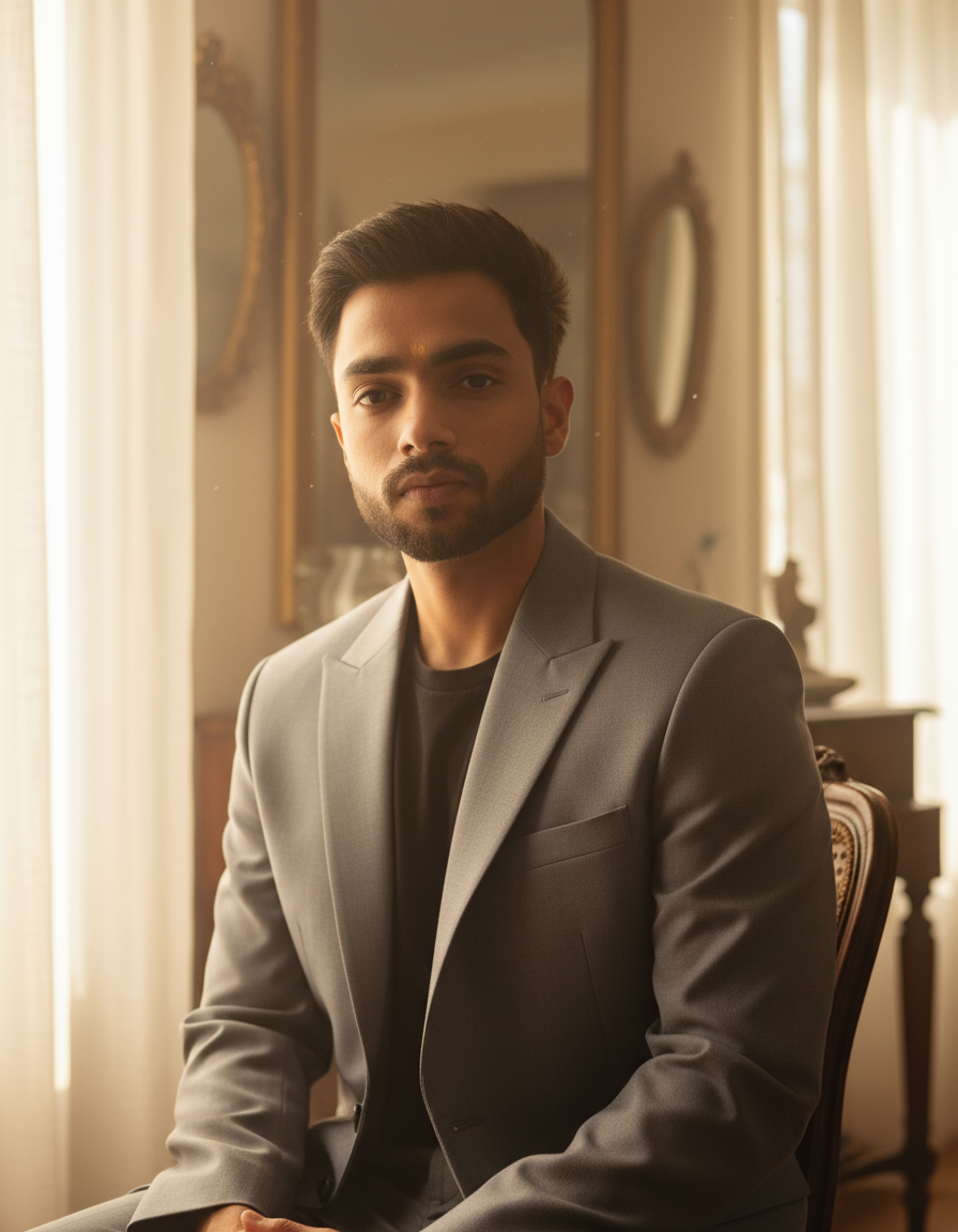 Young man in a tailored 1950s-inspired soft dove-gray suit with tousled hair, captured in morning light with vintage mirrors reflecting his charm.