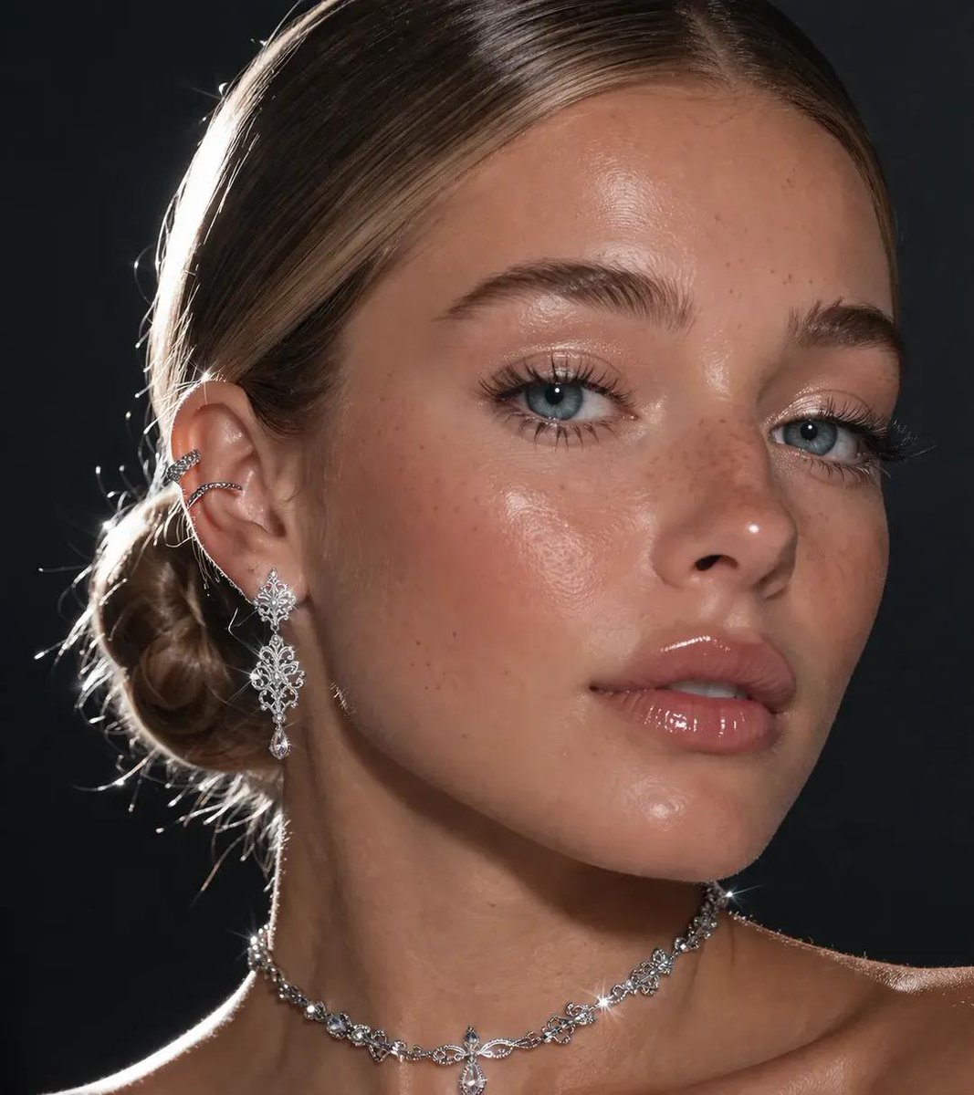 Silver Jewelry Blue Eyes Dewy Makeup Close Up
