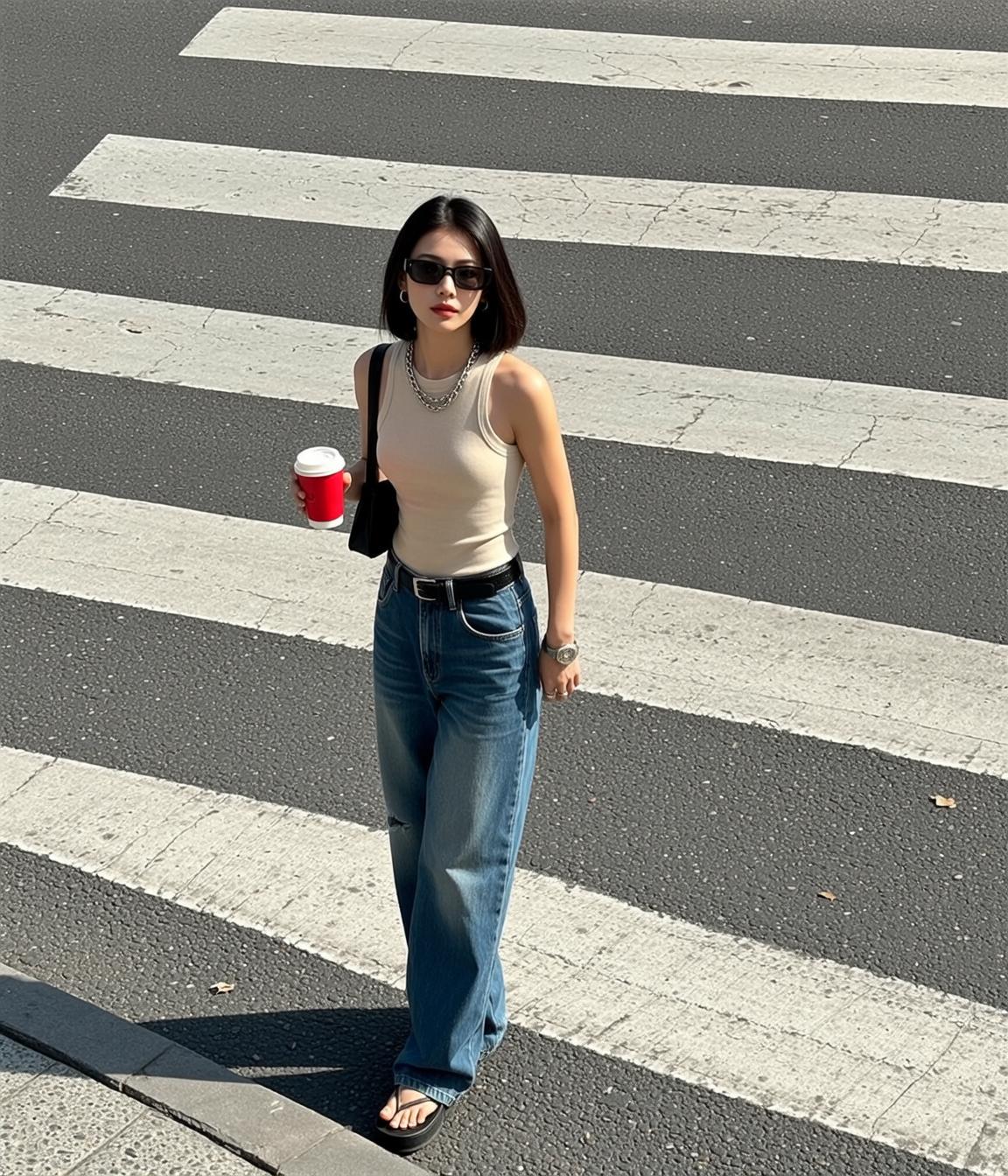 Acubi Stands Crosswalk Facing Forward Her Head reference photo