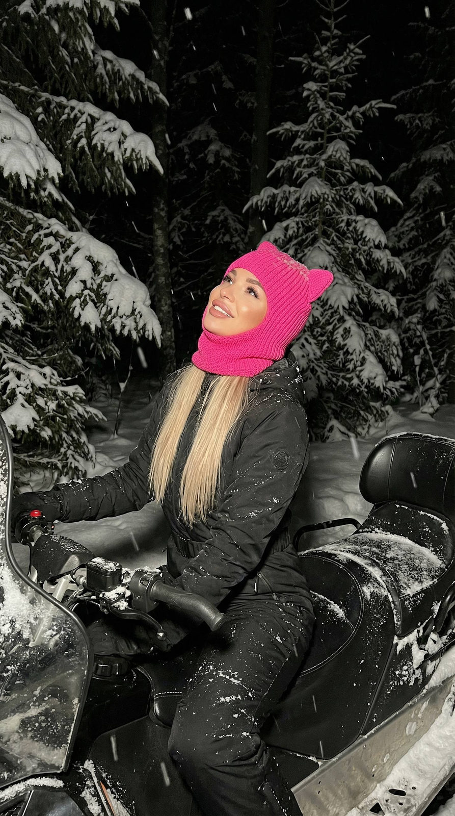 Girl Snowmobile Forest Night Flash
