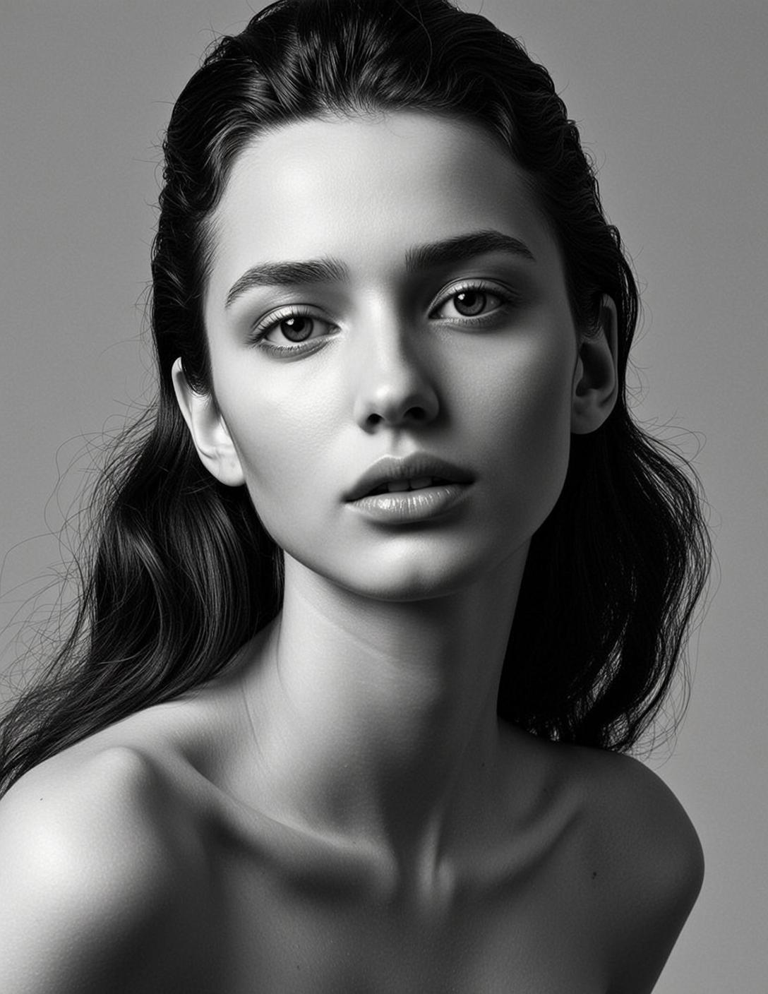 Photorealistic Black And White Medium Close-up Portrait Young Woman With reference photo