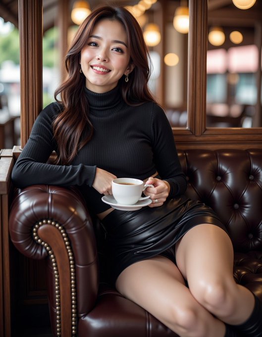 Woman in black turtleneck and leather skirt smiling on a tufted leather sofa in a cozy upscale cafe setting.