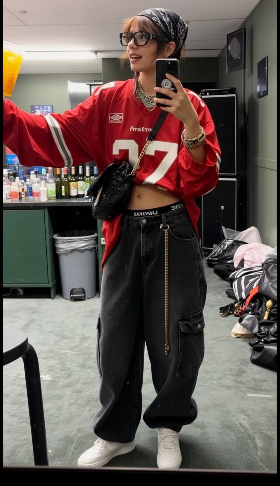 Red Jersey Denim Cargo Pants Selfie reference photo