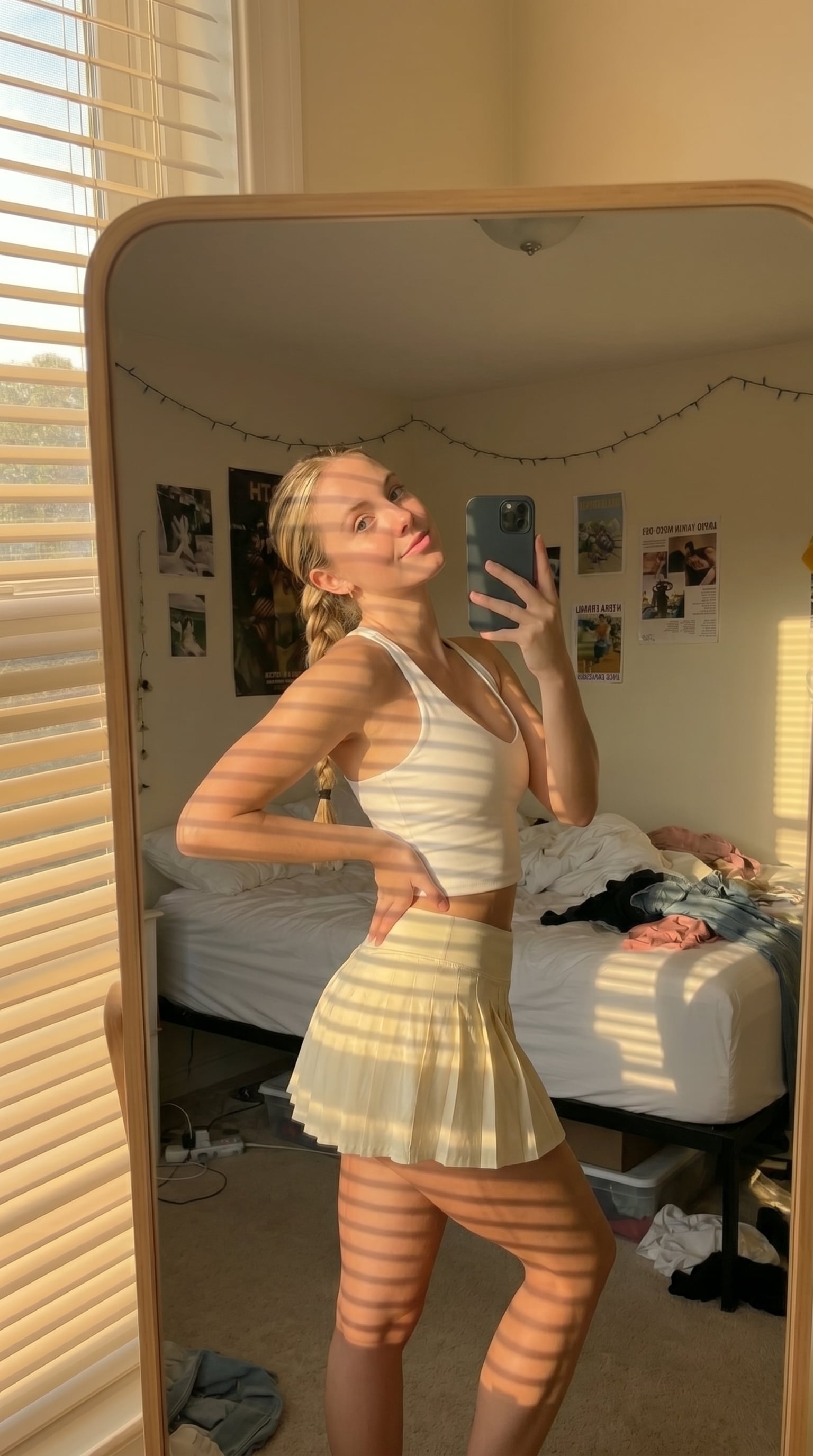 Bedroom Mirror Selfie White Tank Yellow Skirt Braid