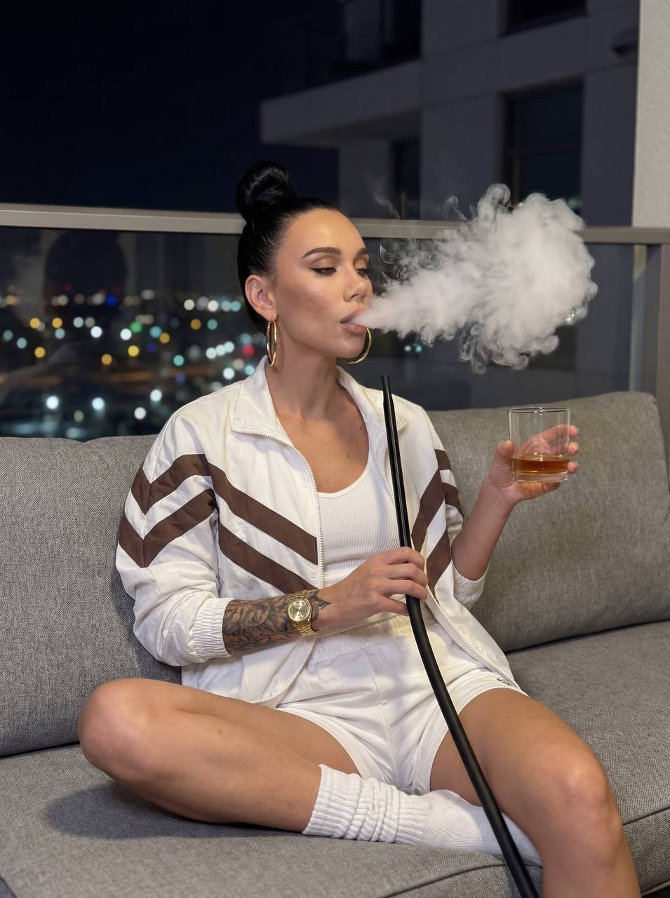 Woman Smoking Hookah Outdoor Night City