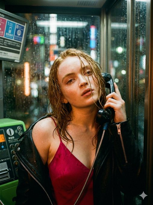Woman in a dark leather jacket inside a glass phone booth, holding a vintage telephone, with raindrops on the glass and neon city lights in the background.