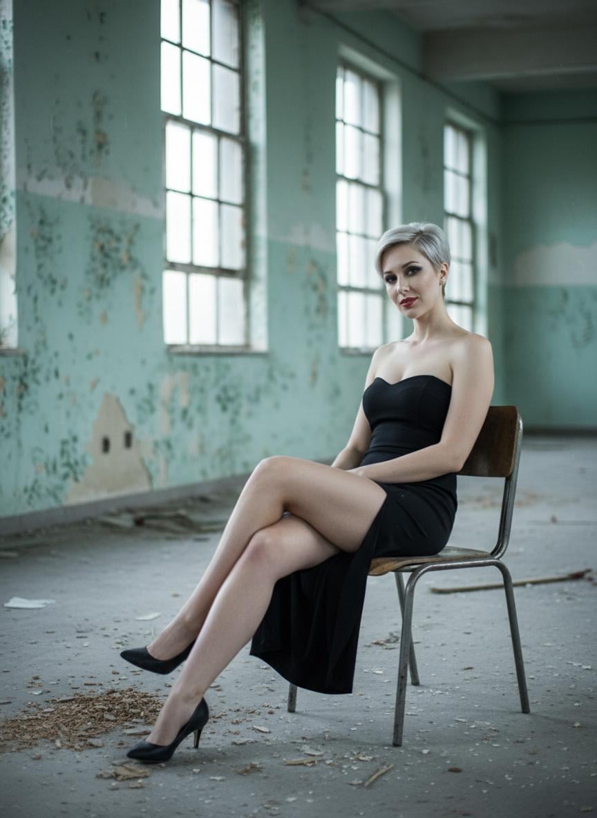 A woman in a strapless black dress seated on a vintage metal chair in an urban decay setting with peeling teal walls