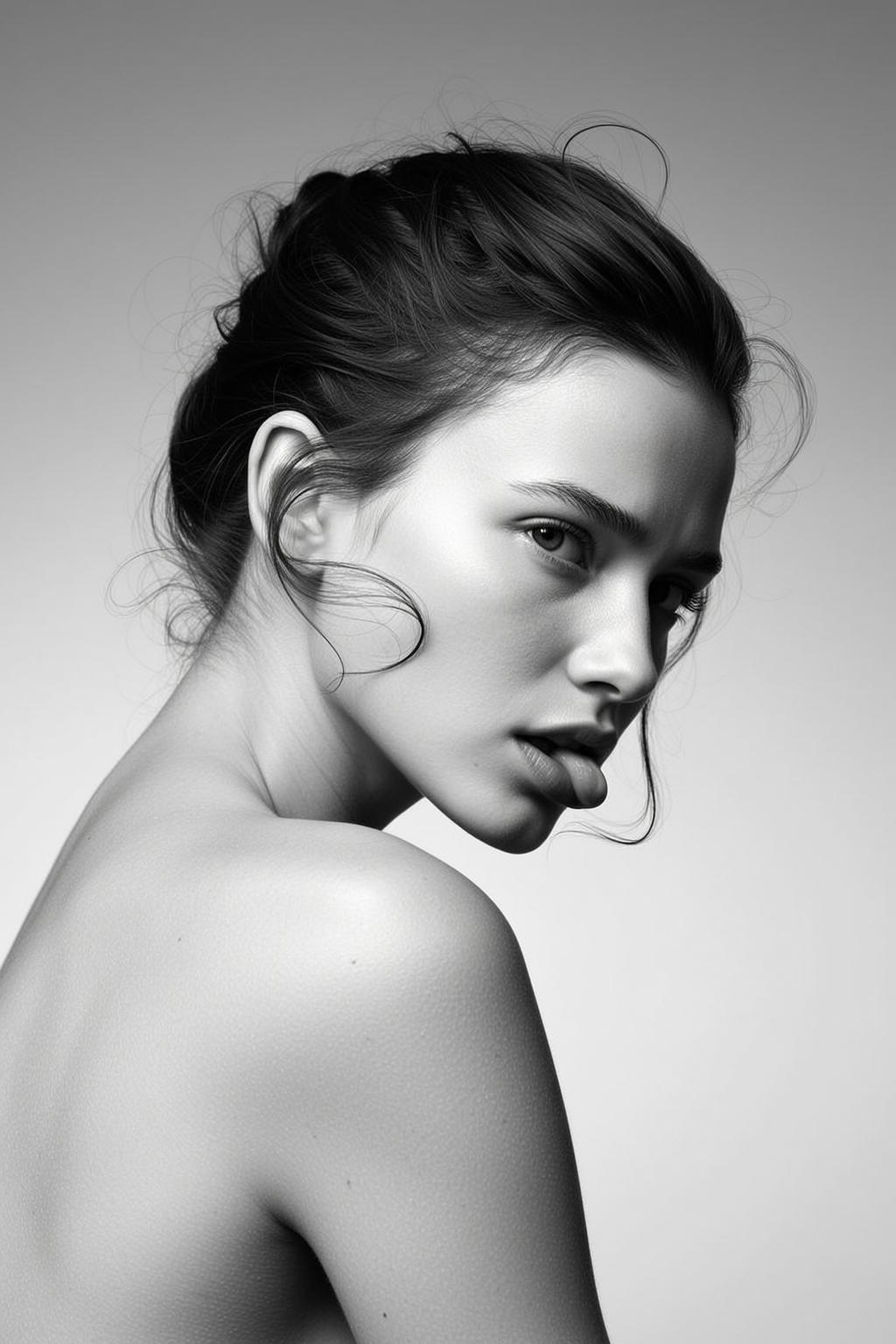 Medium Shot Black And White Photorealistic Portrait Young Woman With reference photo