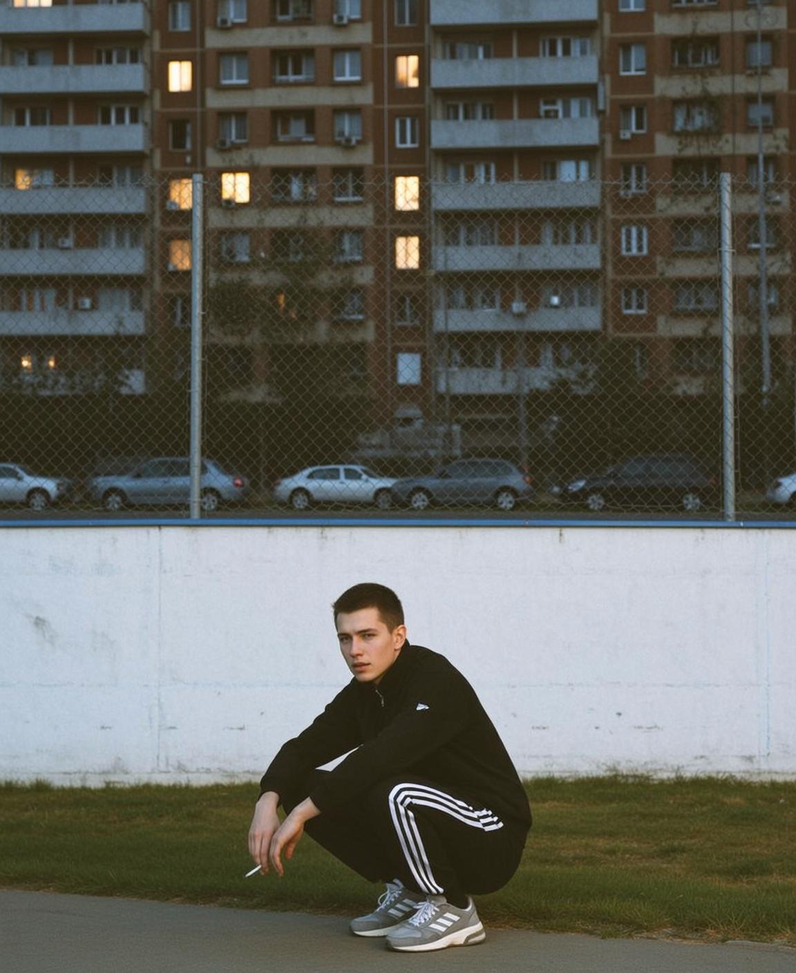 Black Tracksuit Street Crouch reference photo