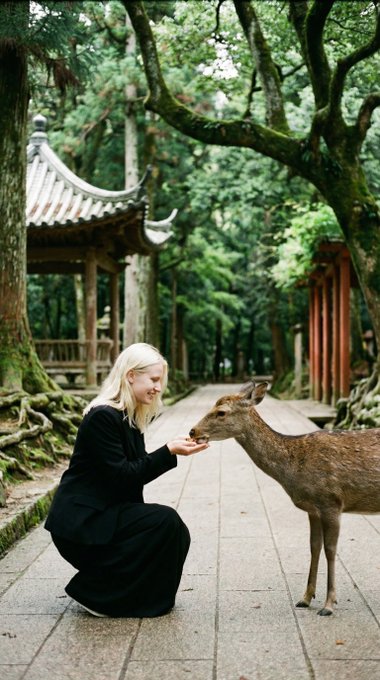 Deer Feeding Kneeling Black Skirt Pagoda Path