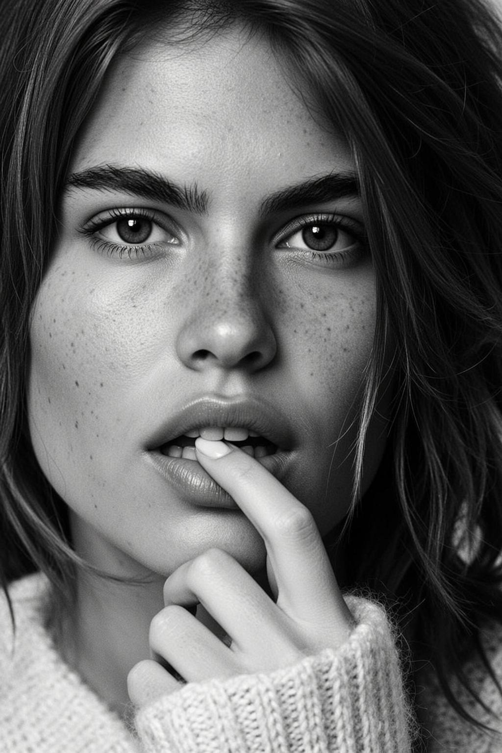 Close-up Headshot Black And White Photorealistic Portrait Young Woman With reference photo