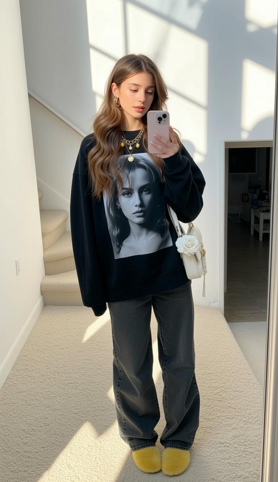 Black Sweatshirt and Wide Leg Jeans Hallway reference photo