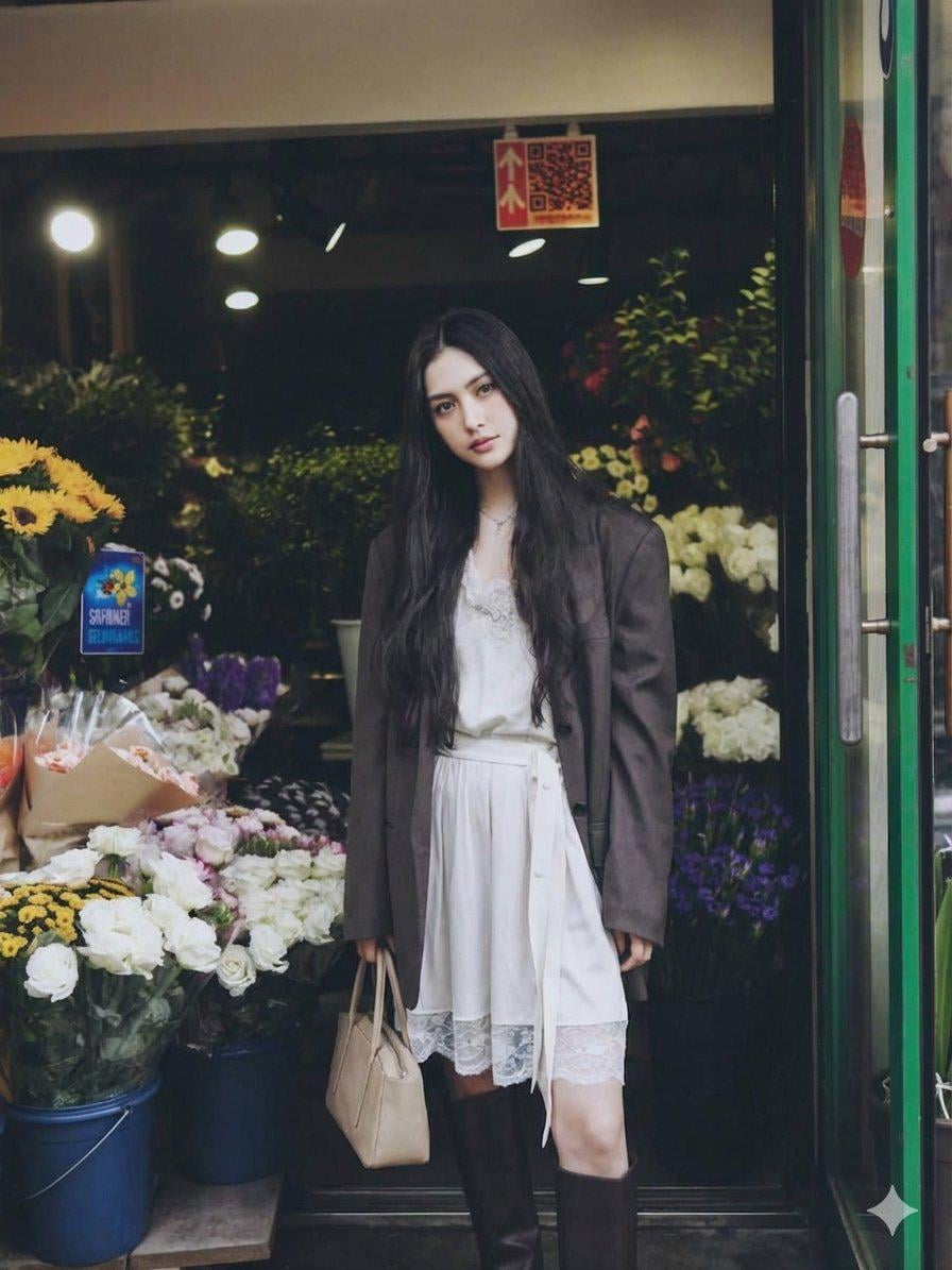 A woman in a white silk dress and dark brown blazer, standing in a flower shop doorway with fresh flowers.