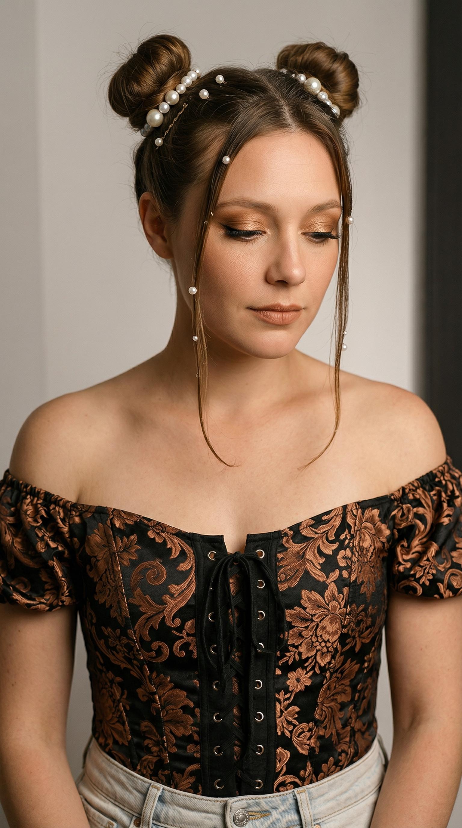 Waist Up Portrait Elegant Buns Pearl Accents