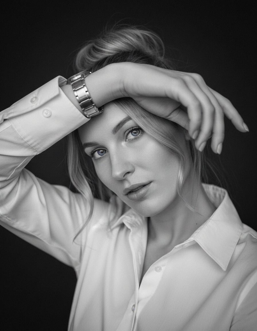 Close-up of an attractive woman in a white dress shirt, with soft high contrast lighting and a captivating gaze.