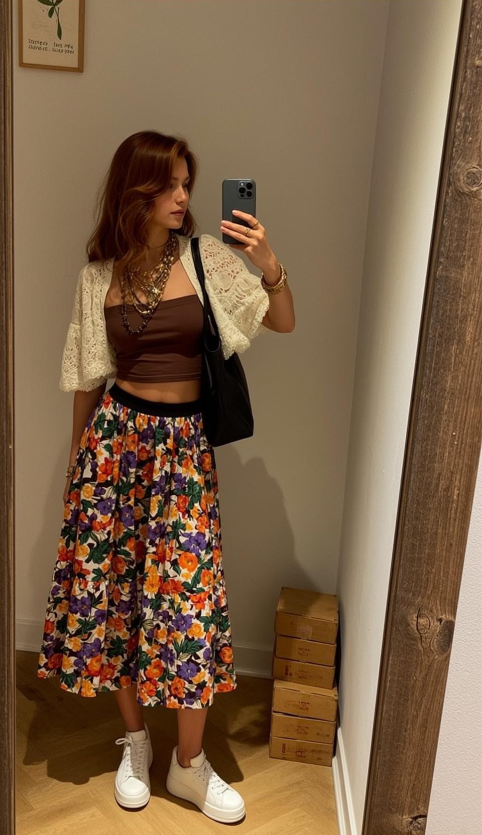 Floral Skirt And Crochet Cardigan By Mirror reference photo