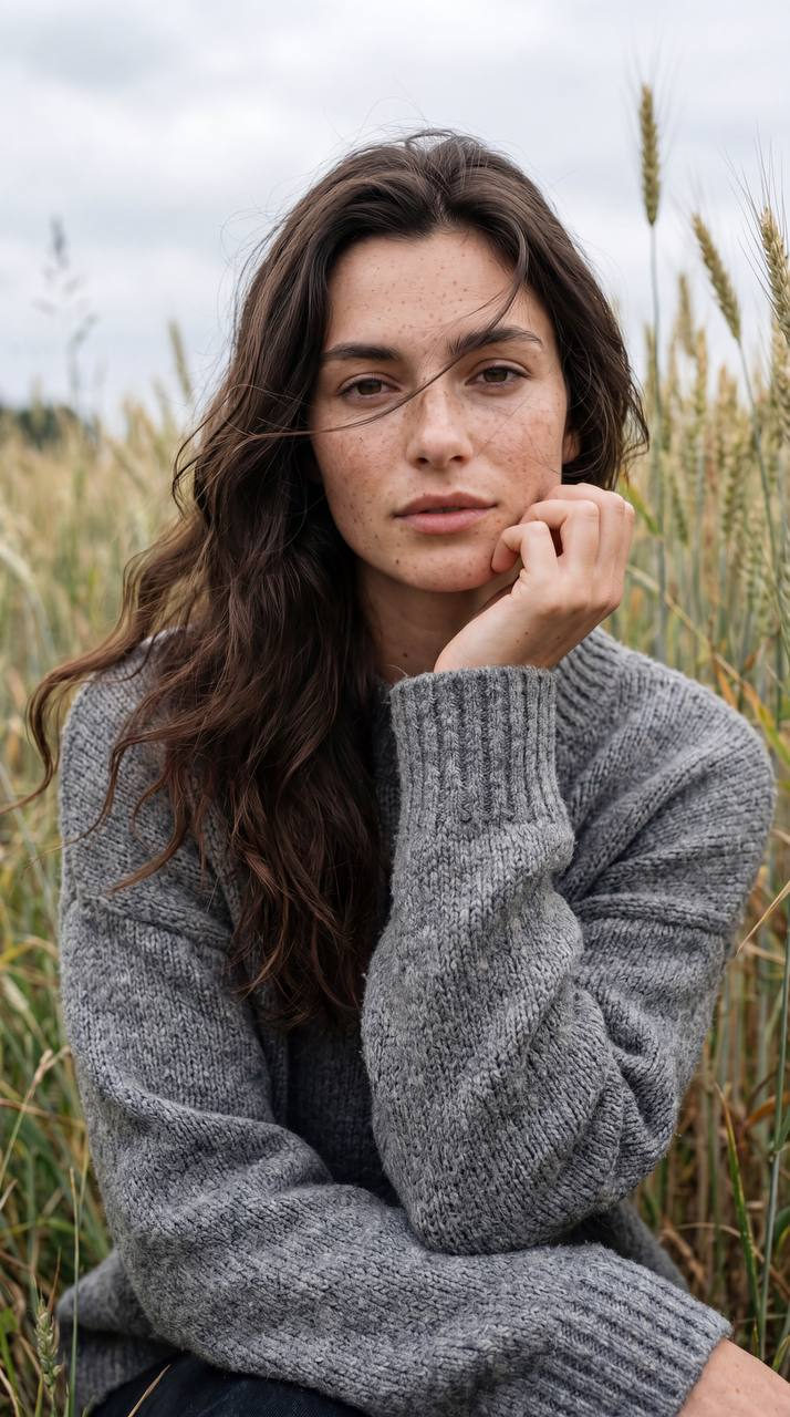 Girl Sitting In Tall Grass Calm Thoughtful Pose