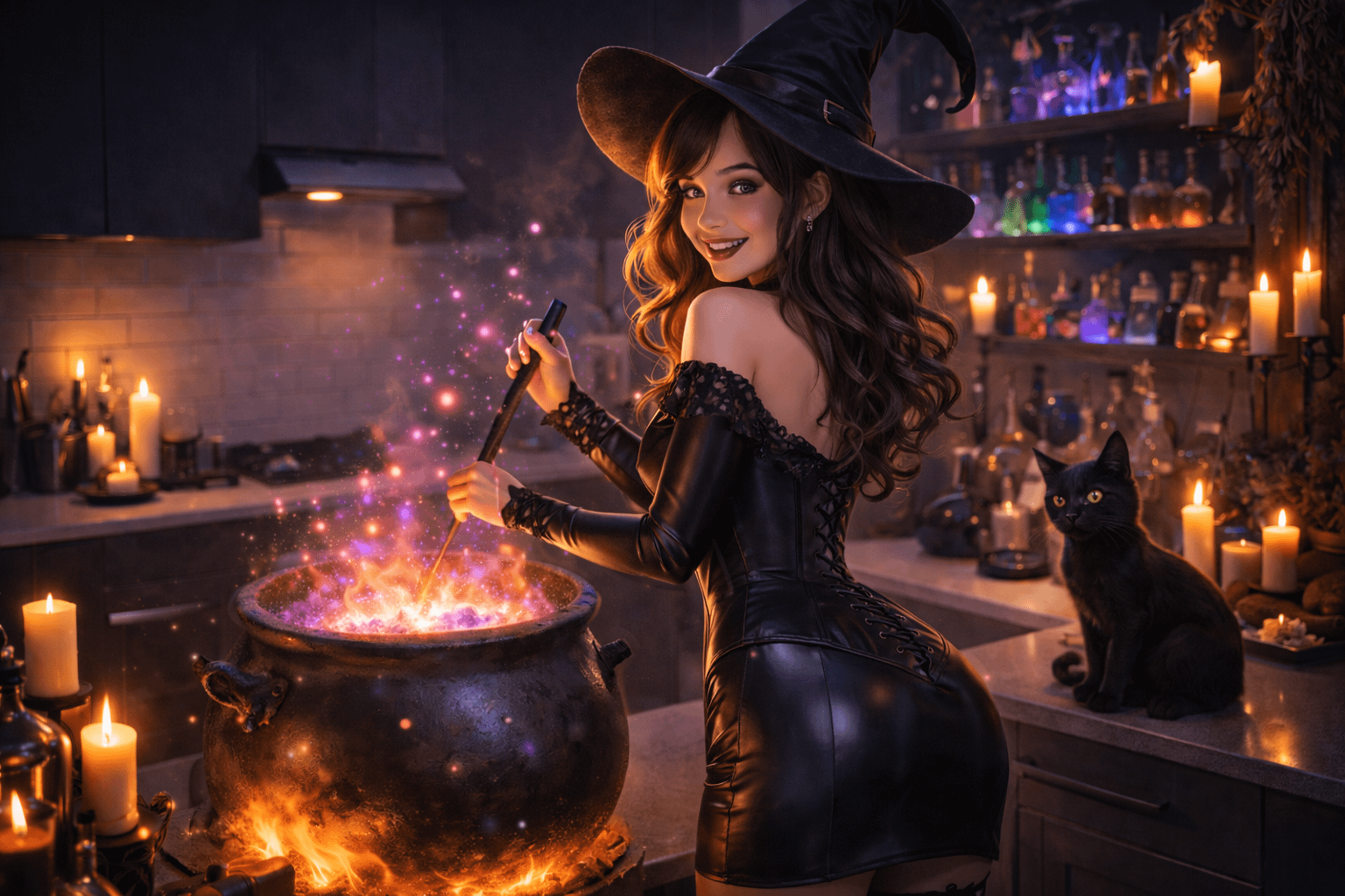 Witch Stirring Glowing Cauldron Rustic Kitchen