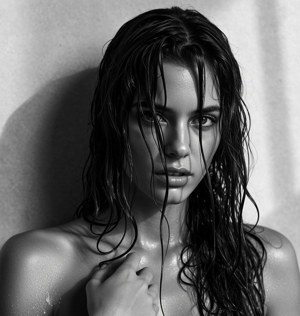 Black And White Medium Shot Portrait Young Woman With Long reference photo