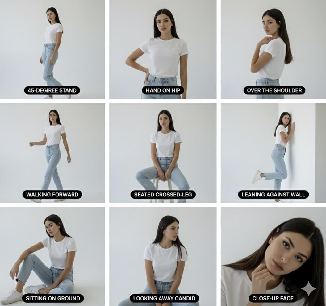 A grid displaying diverse poses of a person standing, sitting, and leaning against a wall, showcasing different angles and expressions.