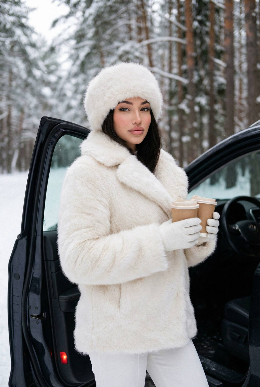 White Fur Woman Car Snowy Forest