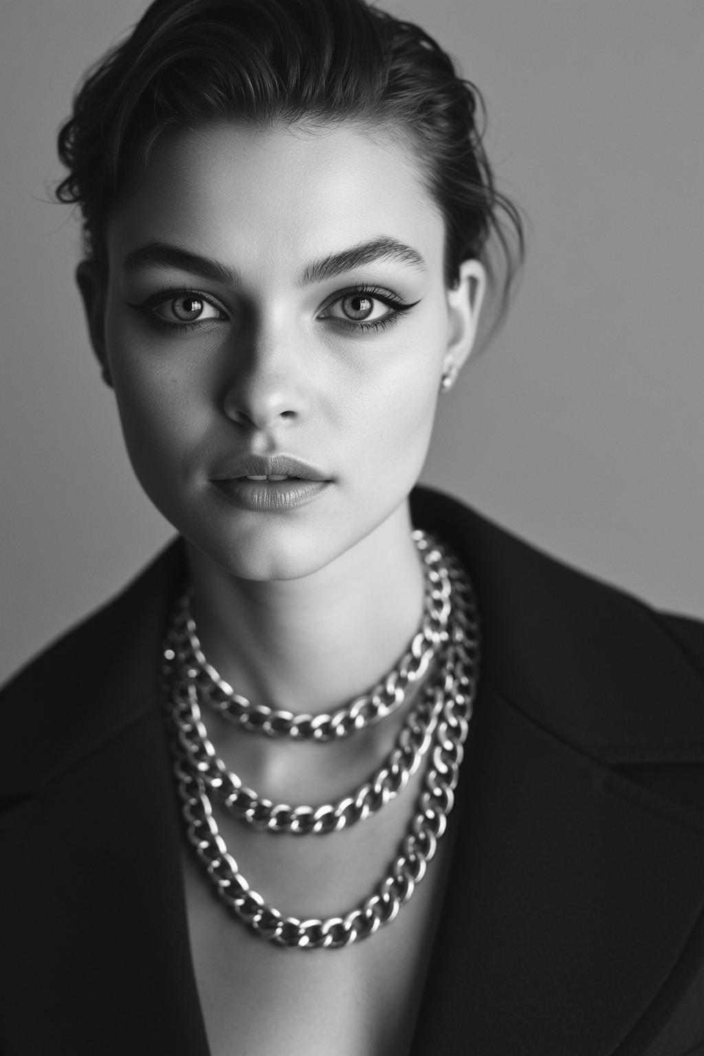 Black And White Medium Shot Portrait Young Woman With Dark reference photo