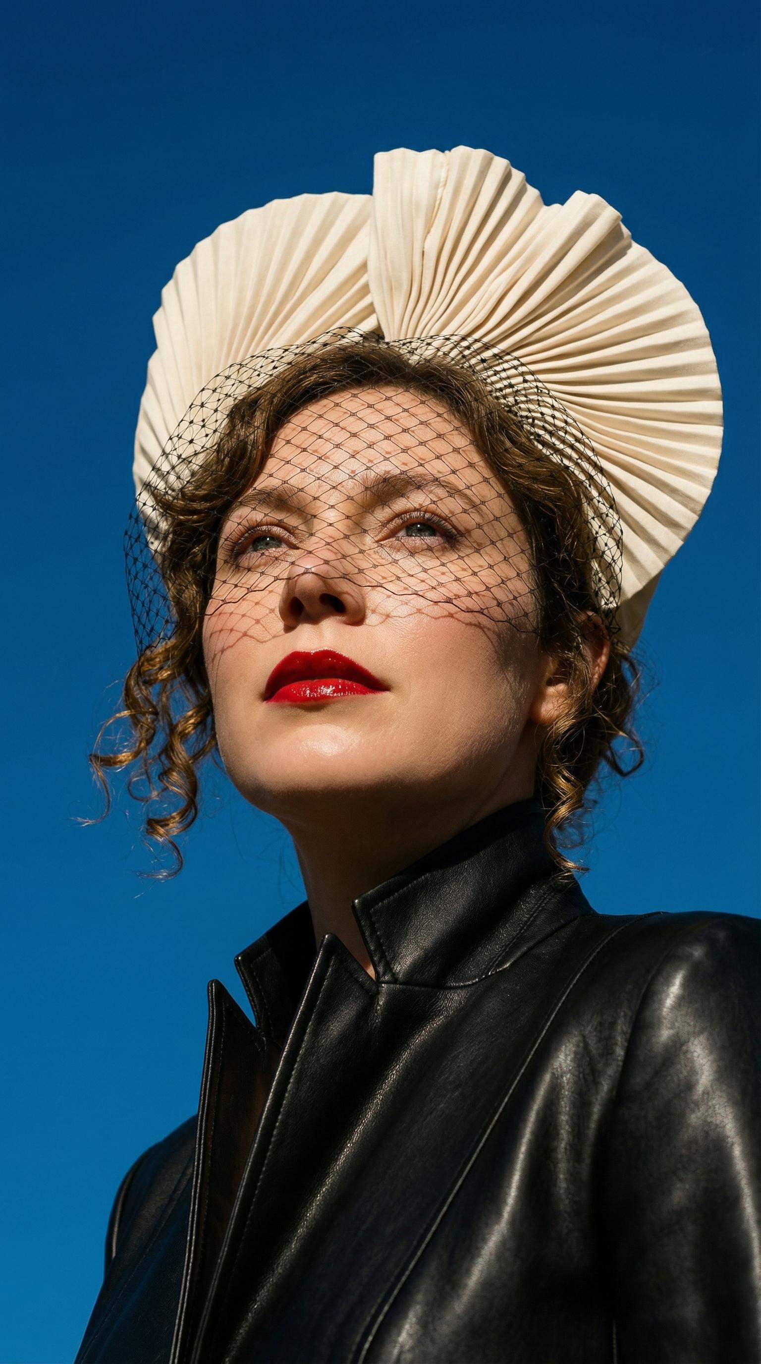 Blue Sky Sculptural Headpiece Leather Jacket