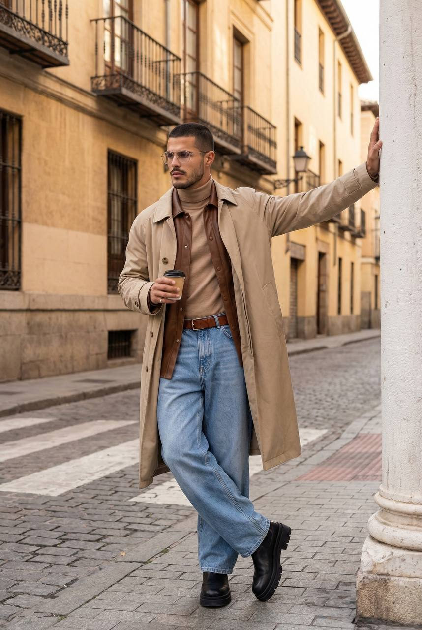 European Street Fashion Man Beige Trench Coat Coffee Cup