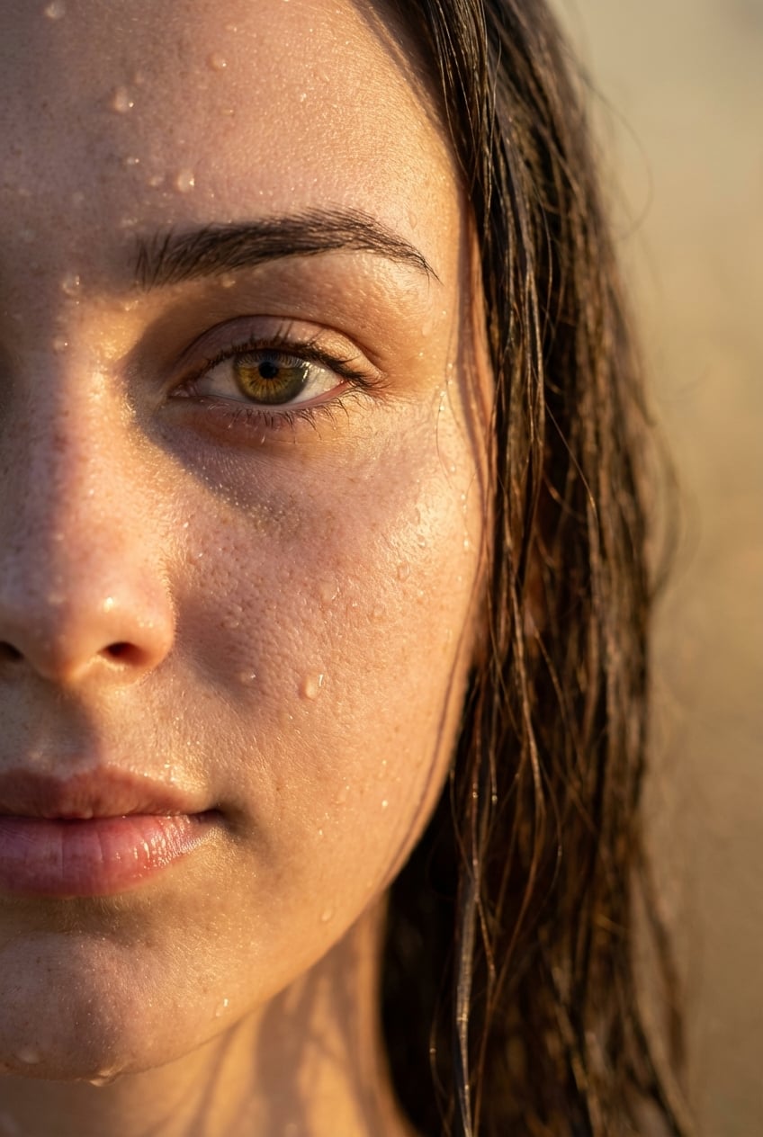 Sunset Beach Woman Water Droplets Face