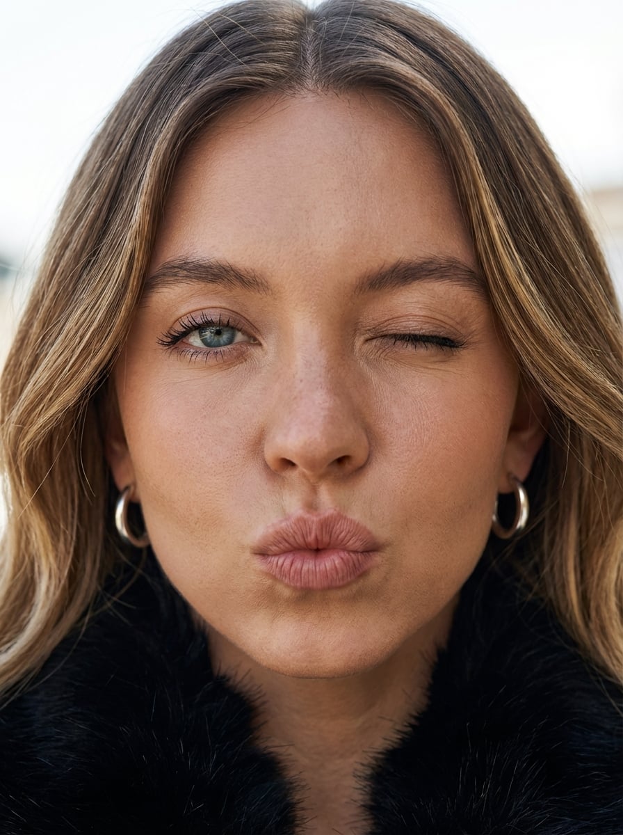 Faux Fur Collar Wink Silver Hoop Earrings