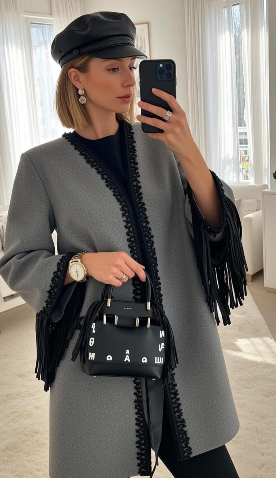 Grey Fringe Coat Mirror Selfie reference photo