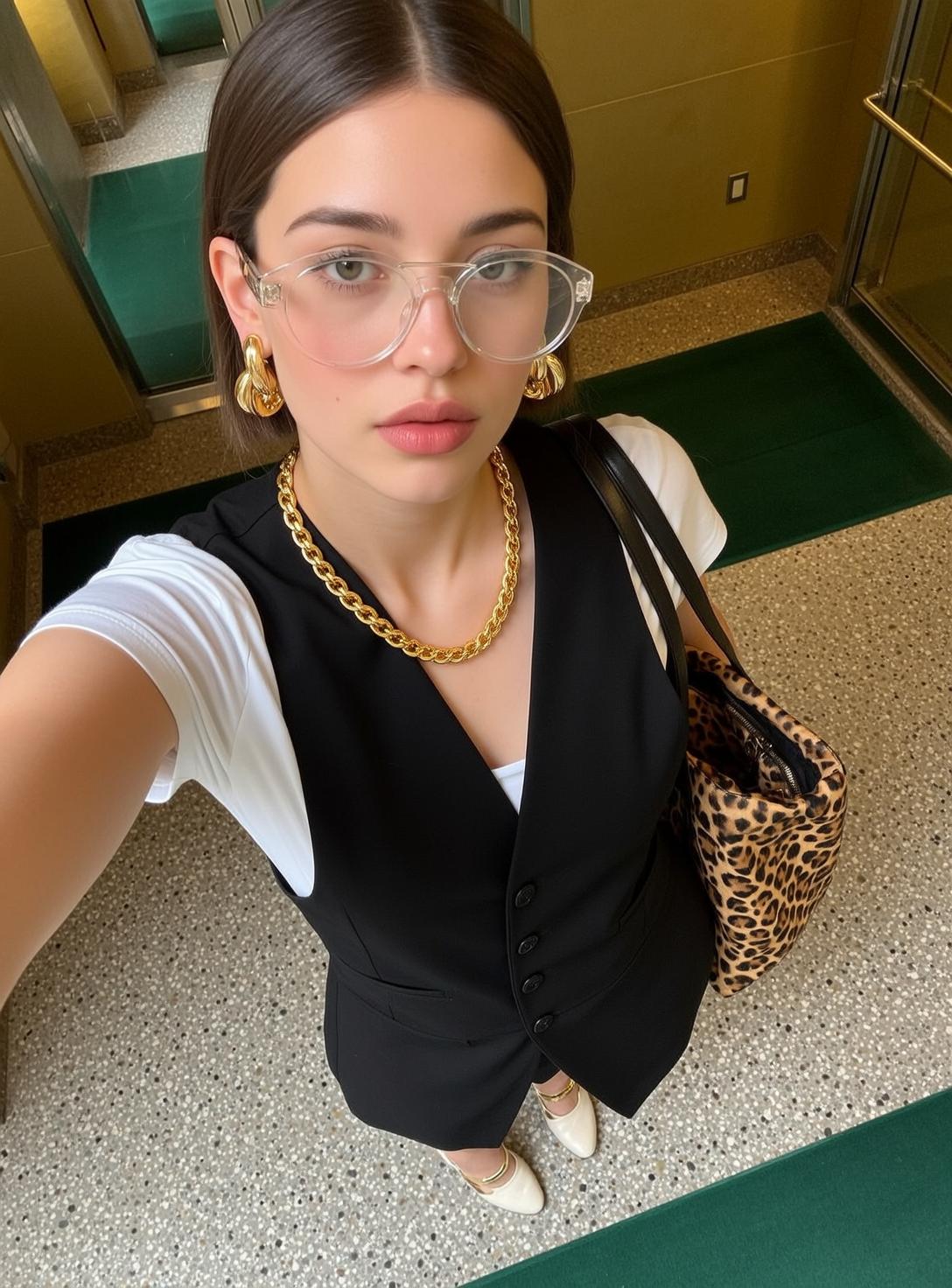 Explore Stands Elevator Holding Phone Take Selfie reference photo