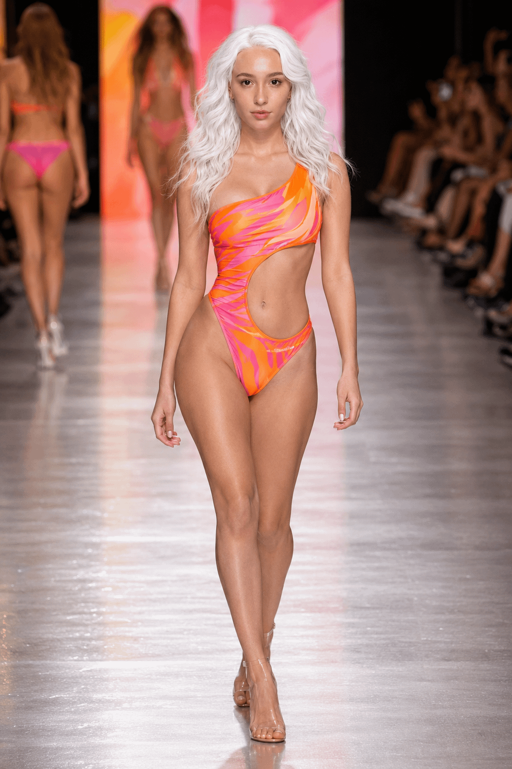 A confident model striding down the runway in a one-shoulder abstract swimsuit with pink and orange waves.