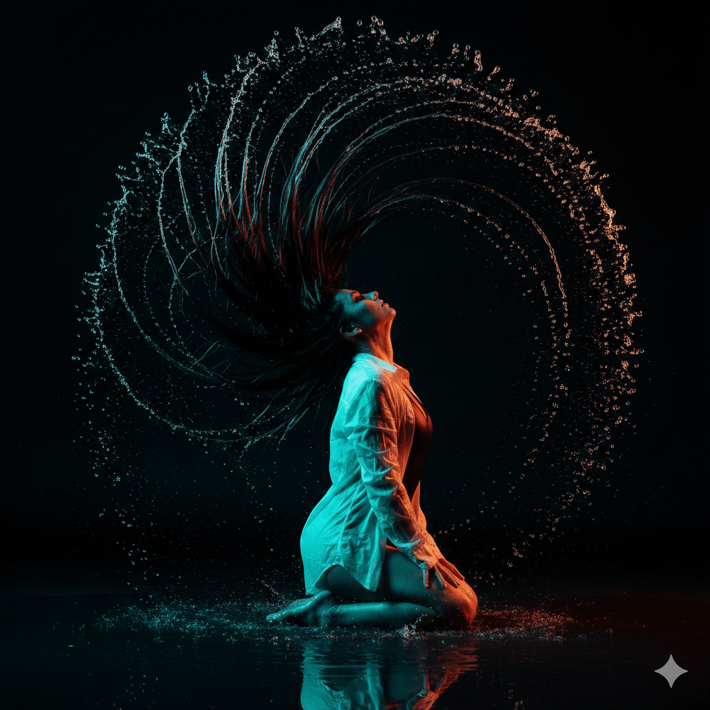 A woman kneeling on water, creating an arc of droplets, wearing a wet white shirt.