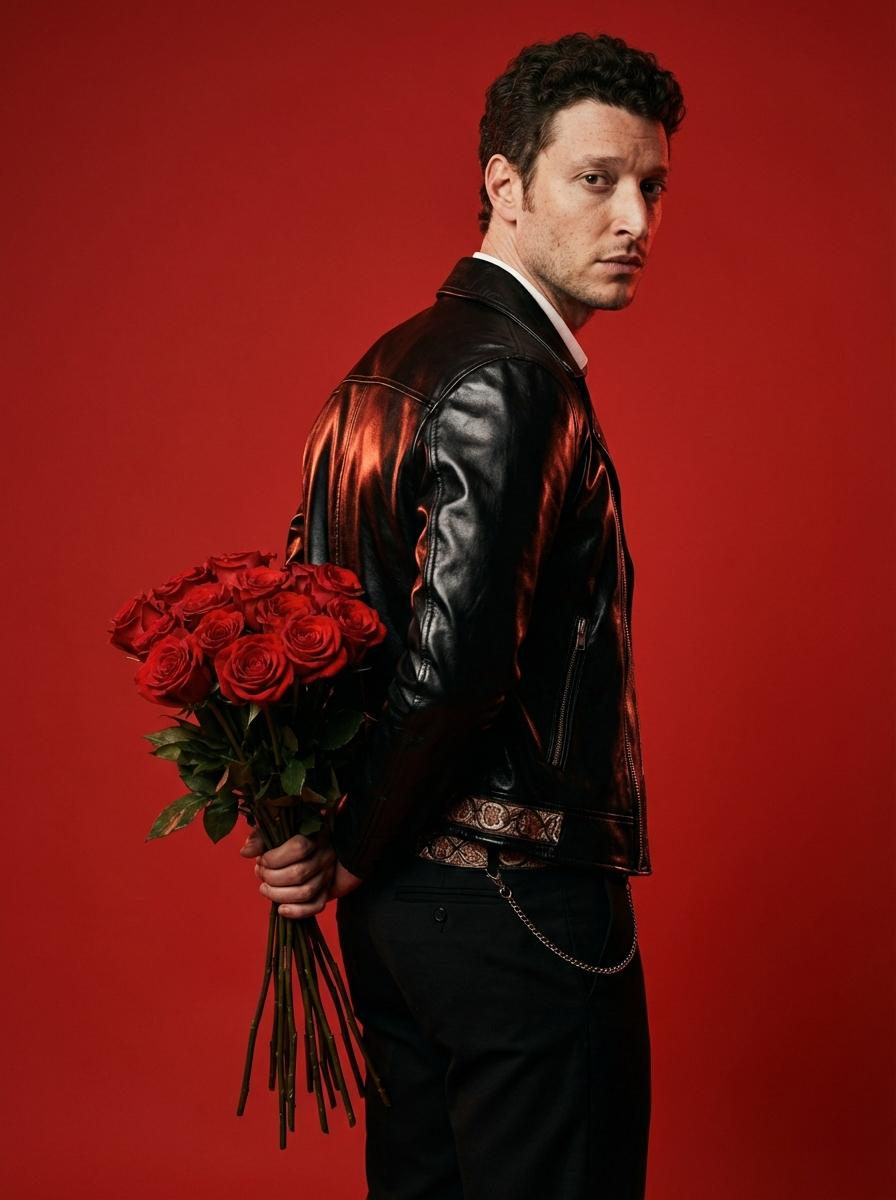 Man Red Studio Roses Leather Jacket