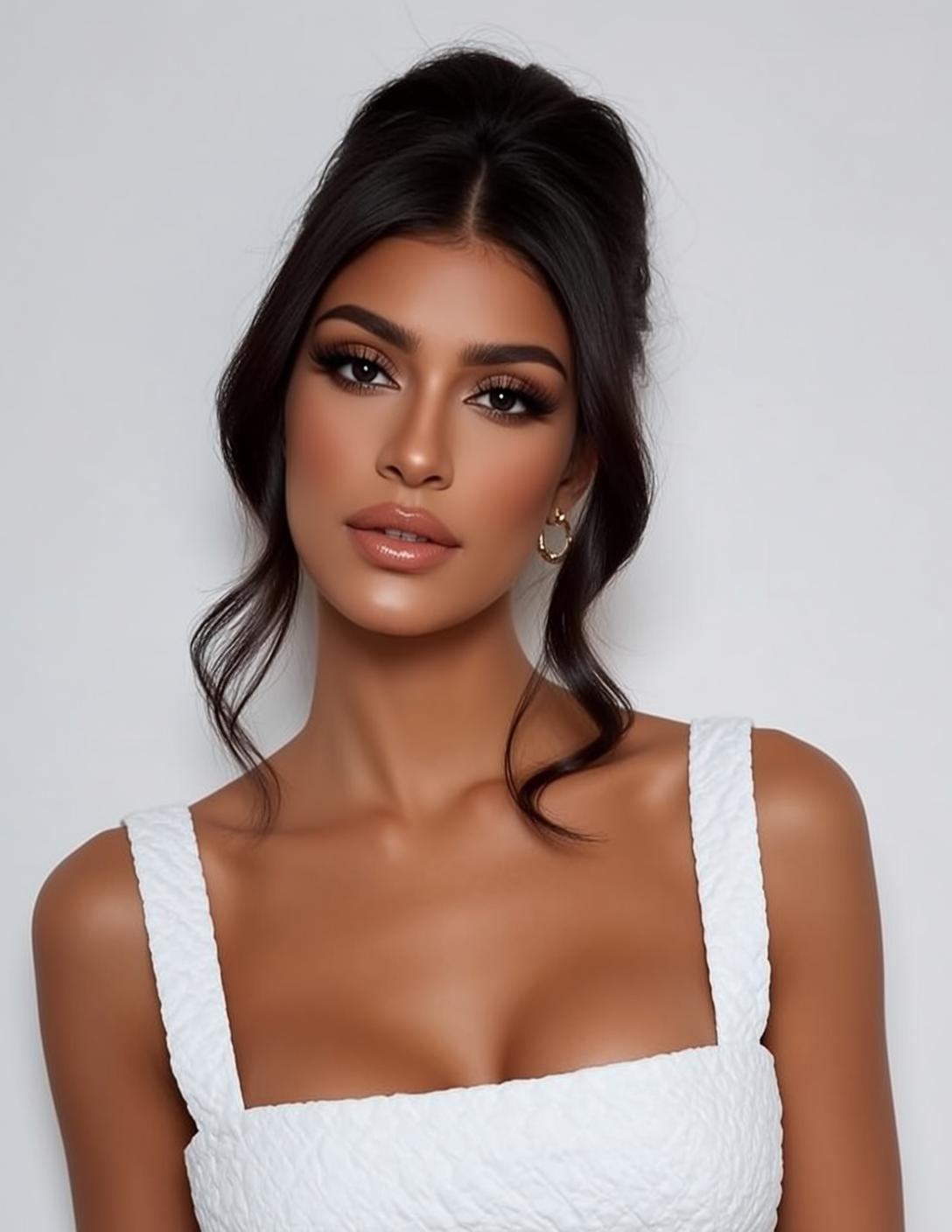 Tan Skin Woman Gold Hoop Earring Studio reference photo