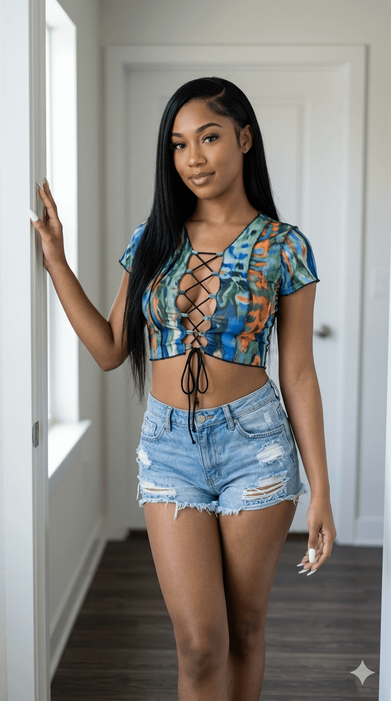 A woman in an interior door frame wearing a crop top and denim shorts, showcasing an abstract pattern and natural lighting.
