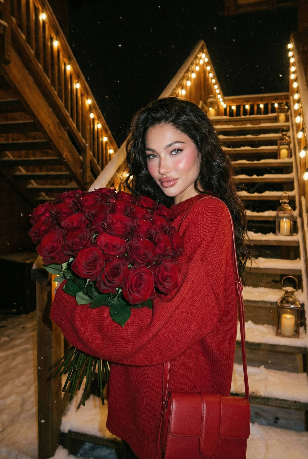 Snowy Night Portrait Red Roses Staircase