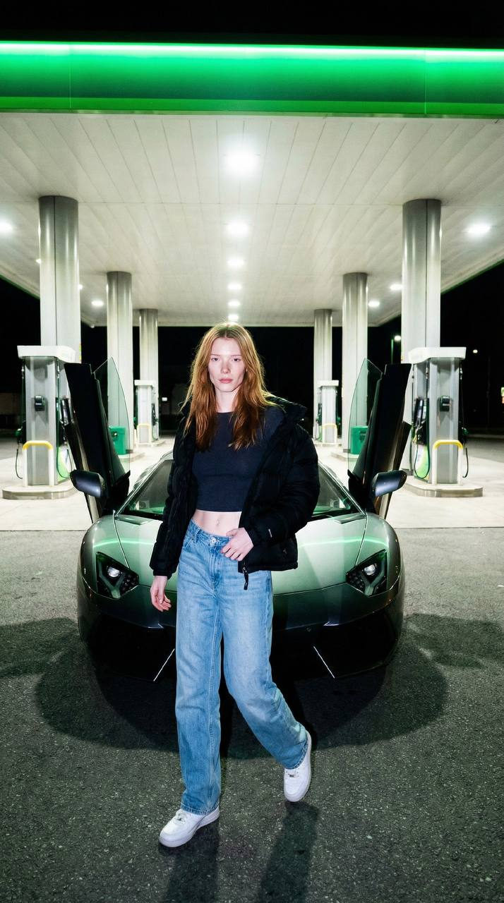 Night Gas Station Street Flash Woman Car