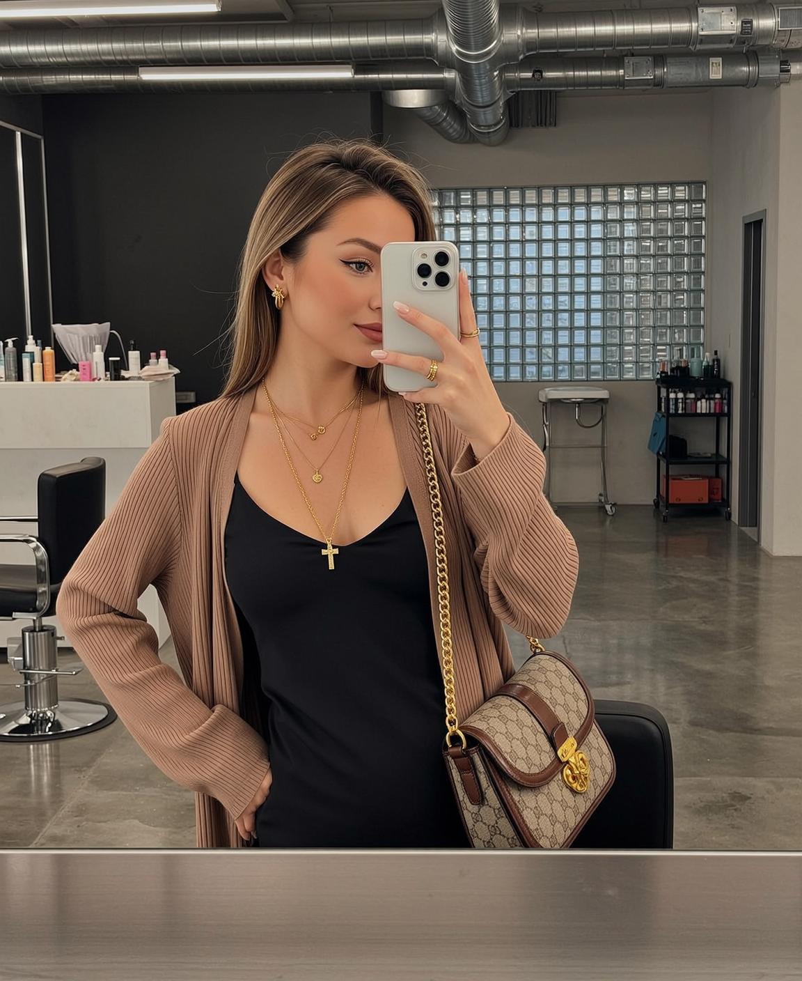 Mirror Selfie Black Dress Pink Nails reference photo