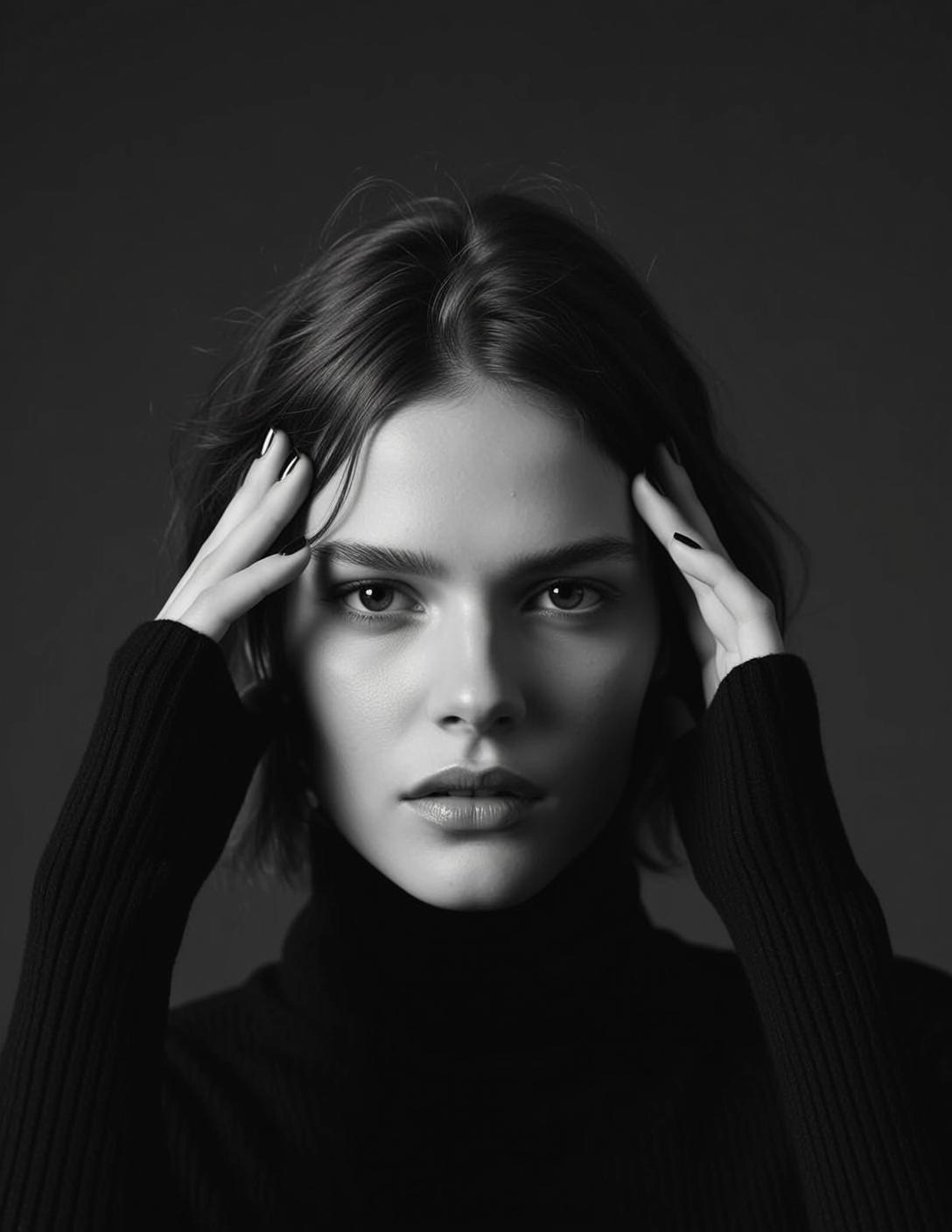 Photorealistic Black And White Headshot Portrait Young Woman With Contemplative reference photo