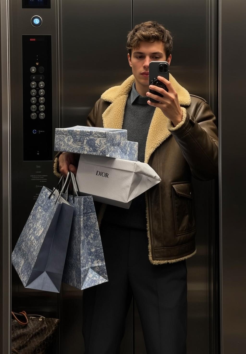 Elevator Shopping Bag Selfie reference photo