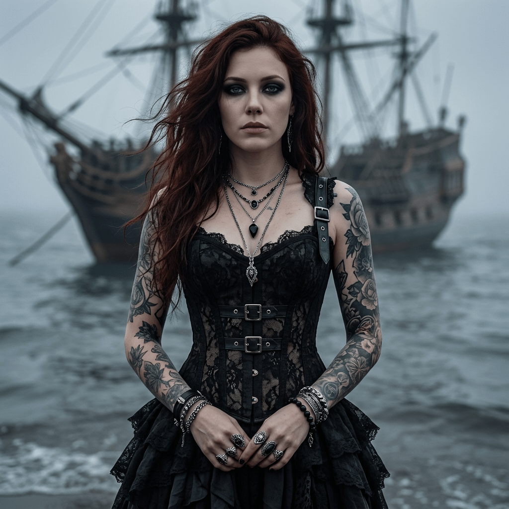 A gothic pirate woman stands on a misty shoreline with a weathered galleon ship behind her, showcasing dark attire and dramatic makeup.